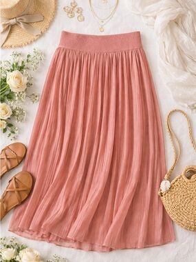 Anthro Andi + James Dusty Rose Pleated Midi Skirt Wedding Guest Brunch Event Med